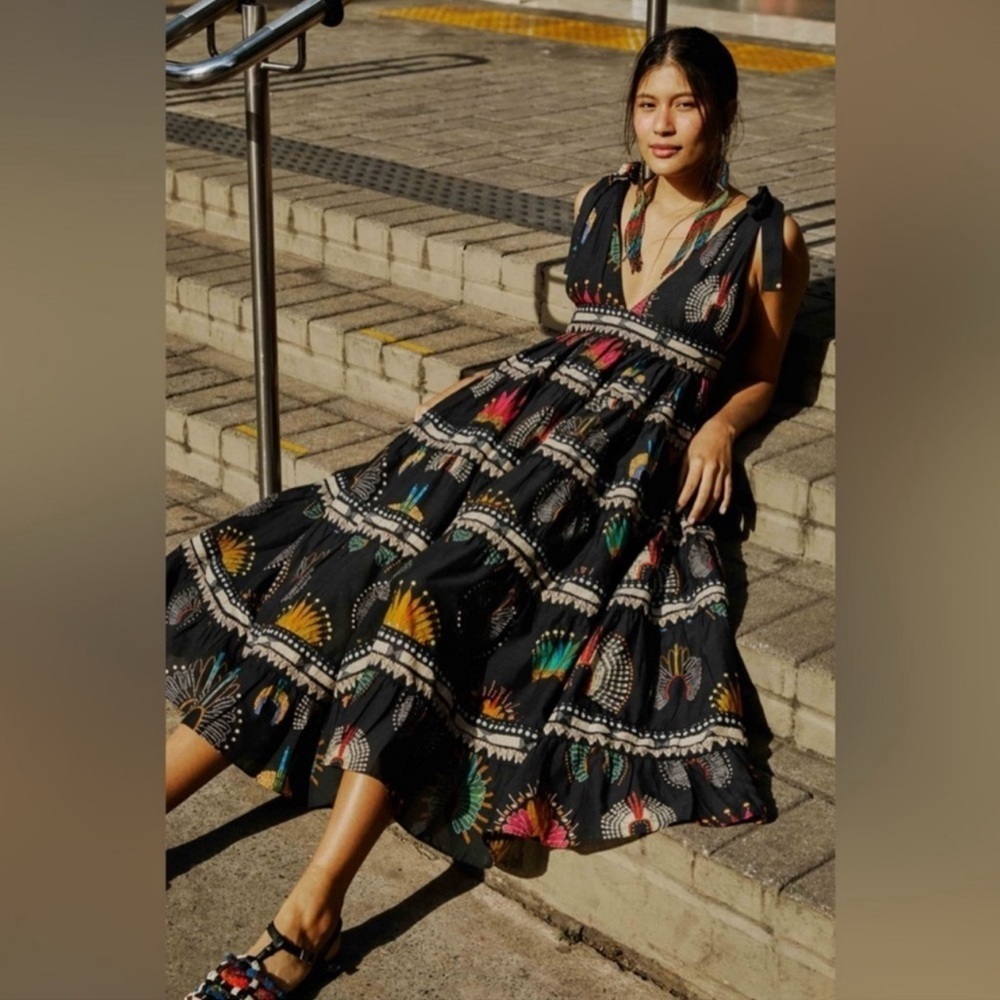Rare FARM Rio Wonderful Headdress Midi Dress in Black Size Small​​​​